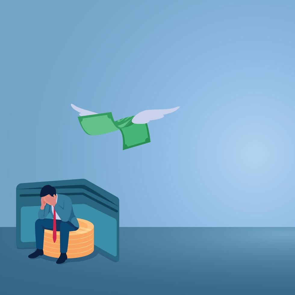 A man sits depressed on coins near a wallet with money flying out. Illustration of overspending, big spending, excessive shopping. vector