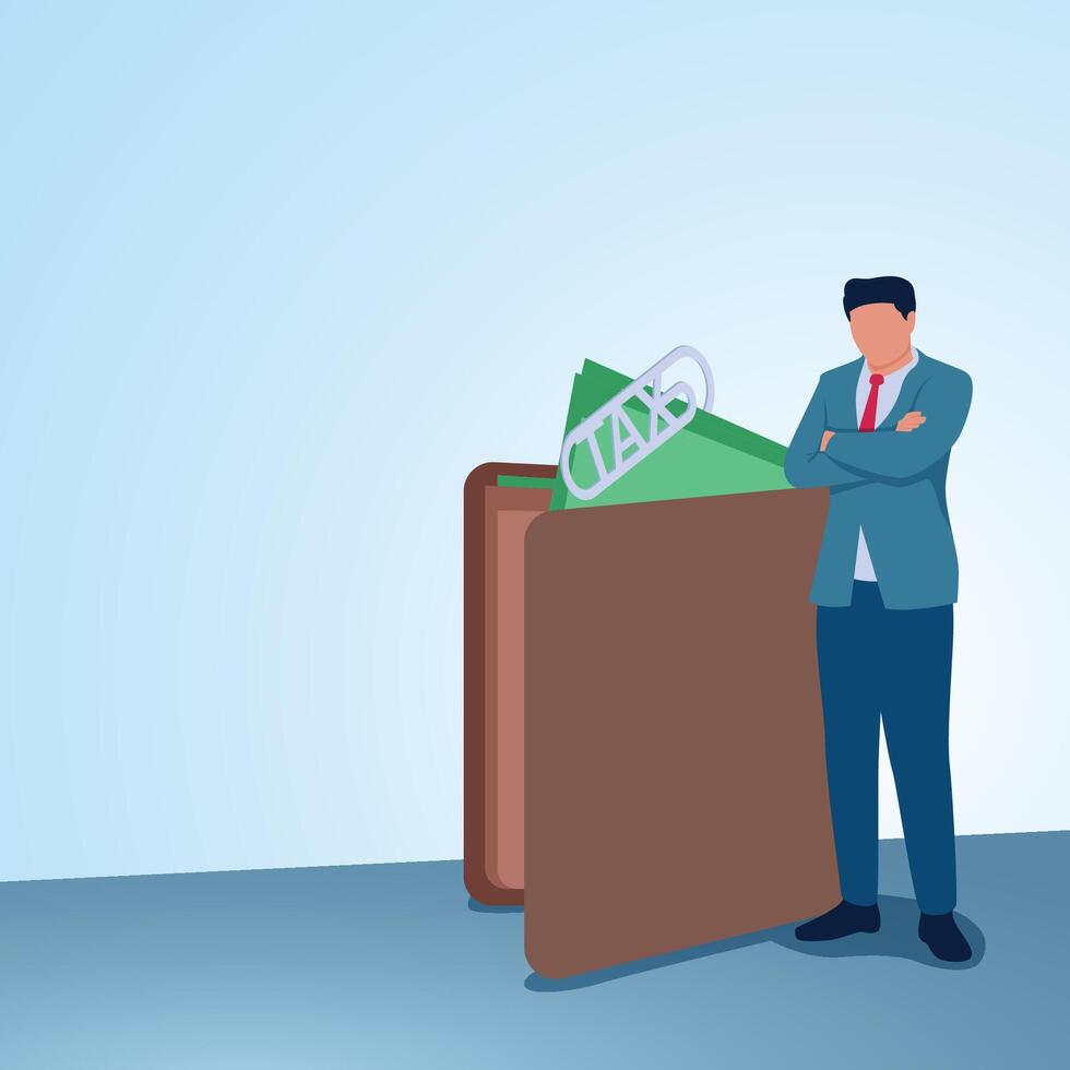 A man crosses his arms looking at money in a wallet with a tax clip. Illustration for paying taxes, tax deductions, taxable income. vector
