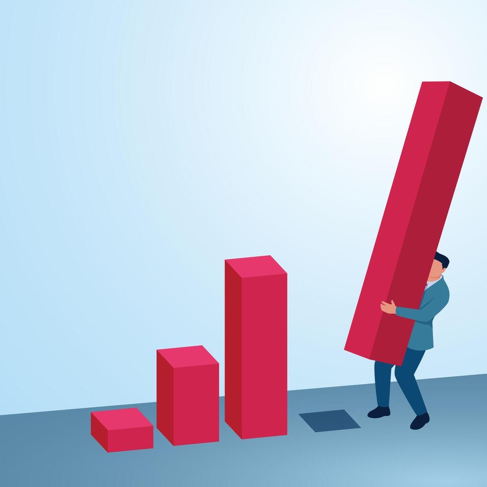 A man lifts a tall graph to align with another graph bar. Illustration of exponential growth, rapid growth and drastic development. vector