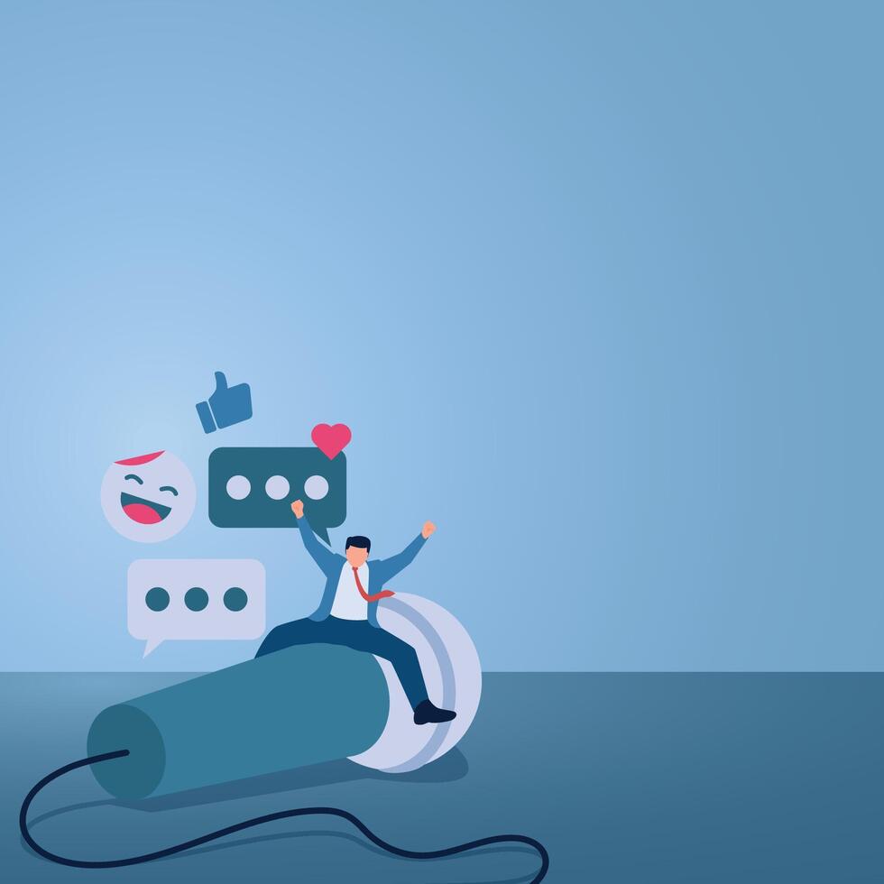 A man standing on a microphone surrounded by chat and like icons, illustration for public relations, company announcements, promotional media, sales announcements. vector
