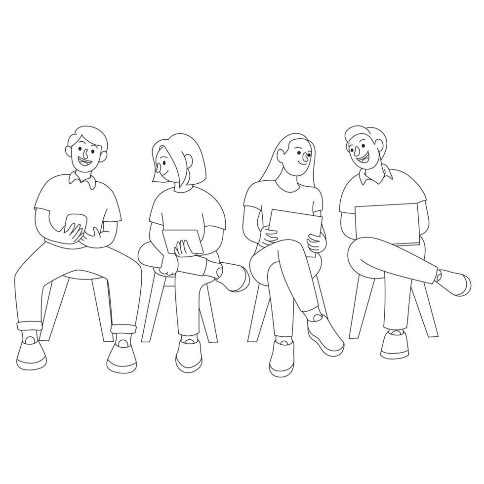 line illustration of teamwork, showing diverse individuals collaborating effectively, symbolizing unity and productivity. Perfect for business, education, and motivational projects vector