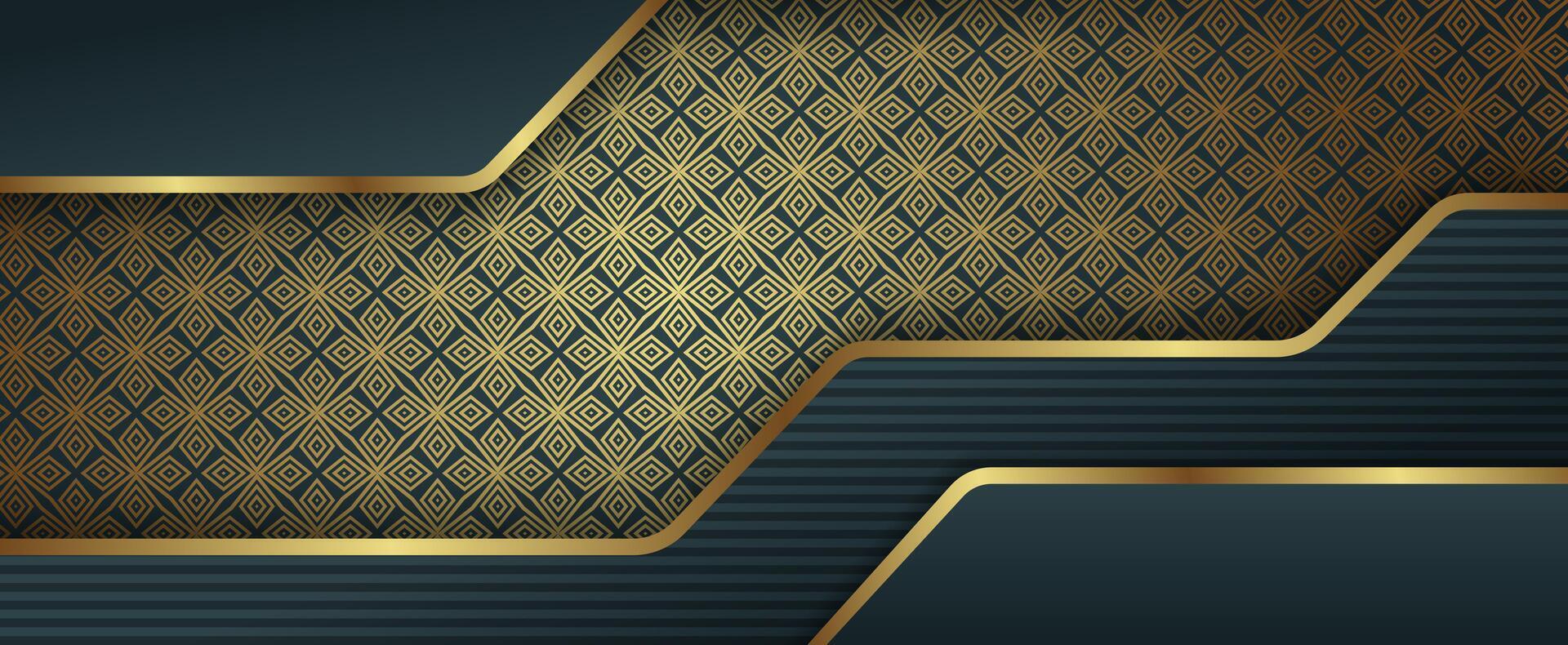 Abstract template gradient dark background with gold squares shapes pattern. transparency stripe line pattern. horizontal layout. modern geometry design. vector