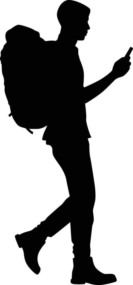 backpacker looking at phone silhouette vector