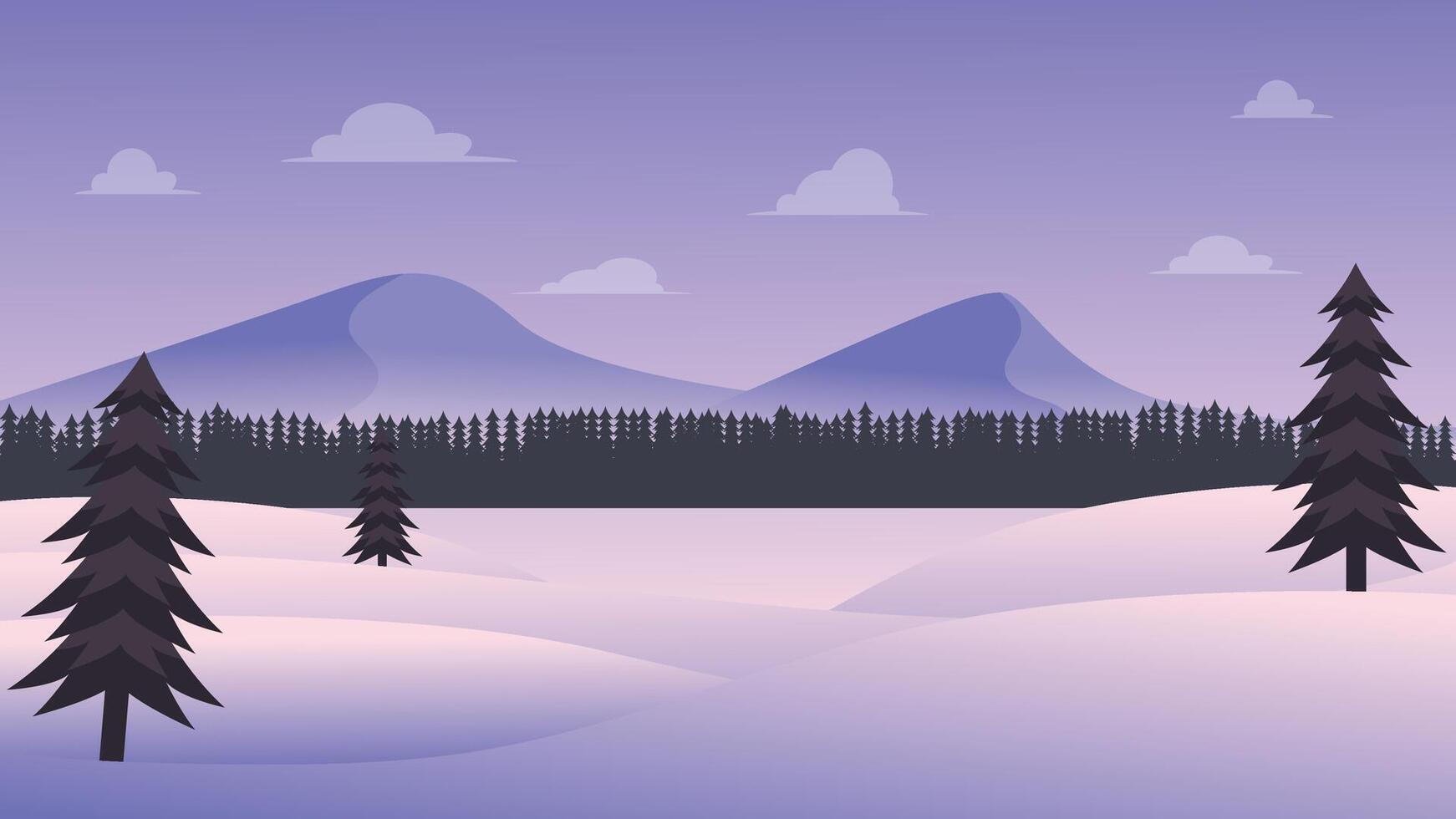 Flat winter landscape with mountain, pine tree, and night scene vector