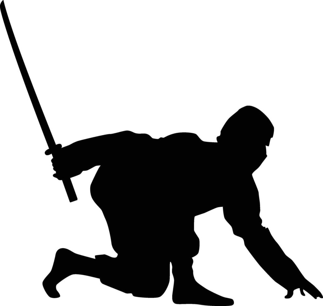 ninja pose holding samurai silhouette vector
