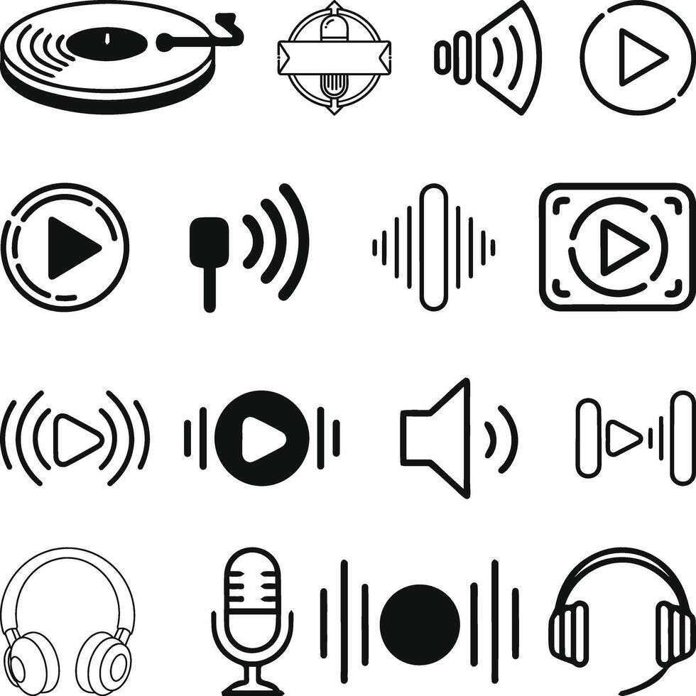 Podcast black liner icon collection, Audio. Containing music, sound, speaker volume, play, pause, loudspeaker, microphone, illustration vector