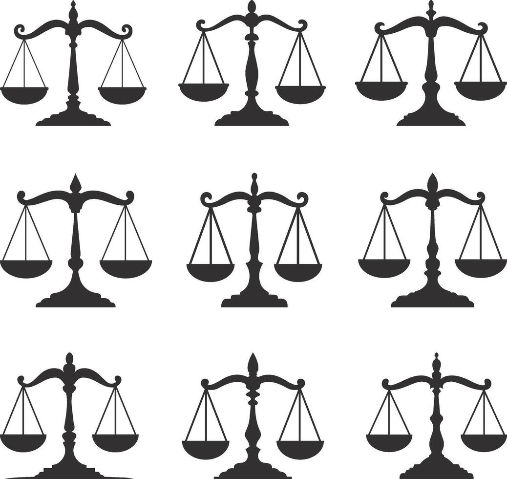 Scales of justice icon set silhouettes Clip Art, Weight scales. Scales vectors icon. Vectors illustrations