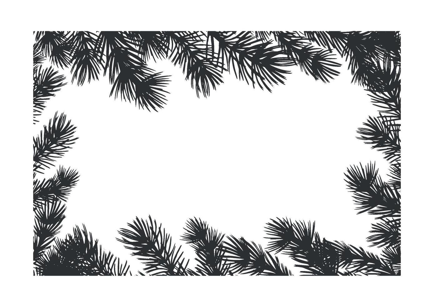 Pine tree branch. Christmas horizontal frame. Fir twig with needles. graphic illustration. Winter holiday background. Decorations for home interior. Festive template for card, winow, packaging. vector