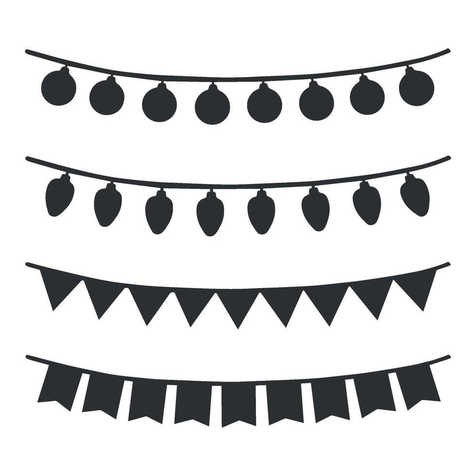 Set of garlands of Christmas lights and pennants on a rope. graphic illustration. Flags and bulbs hanging. Collection of holiday backrounds. Winter festive clipart for card, print, packaging. vector