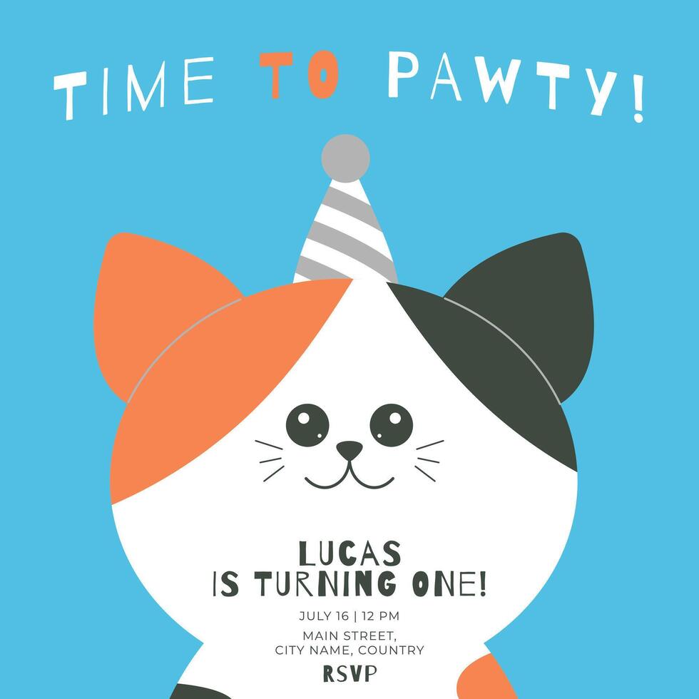 Greeting and invitation for kids first Birthday party. Cute baby cat in flat childrens style. Time to Pawty. illustration, design for card, poster, event, prints vector