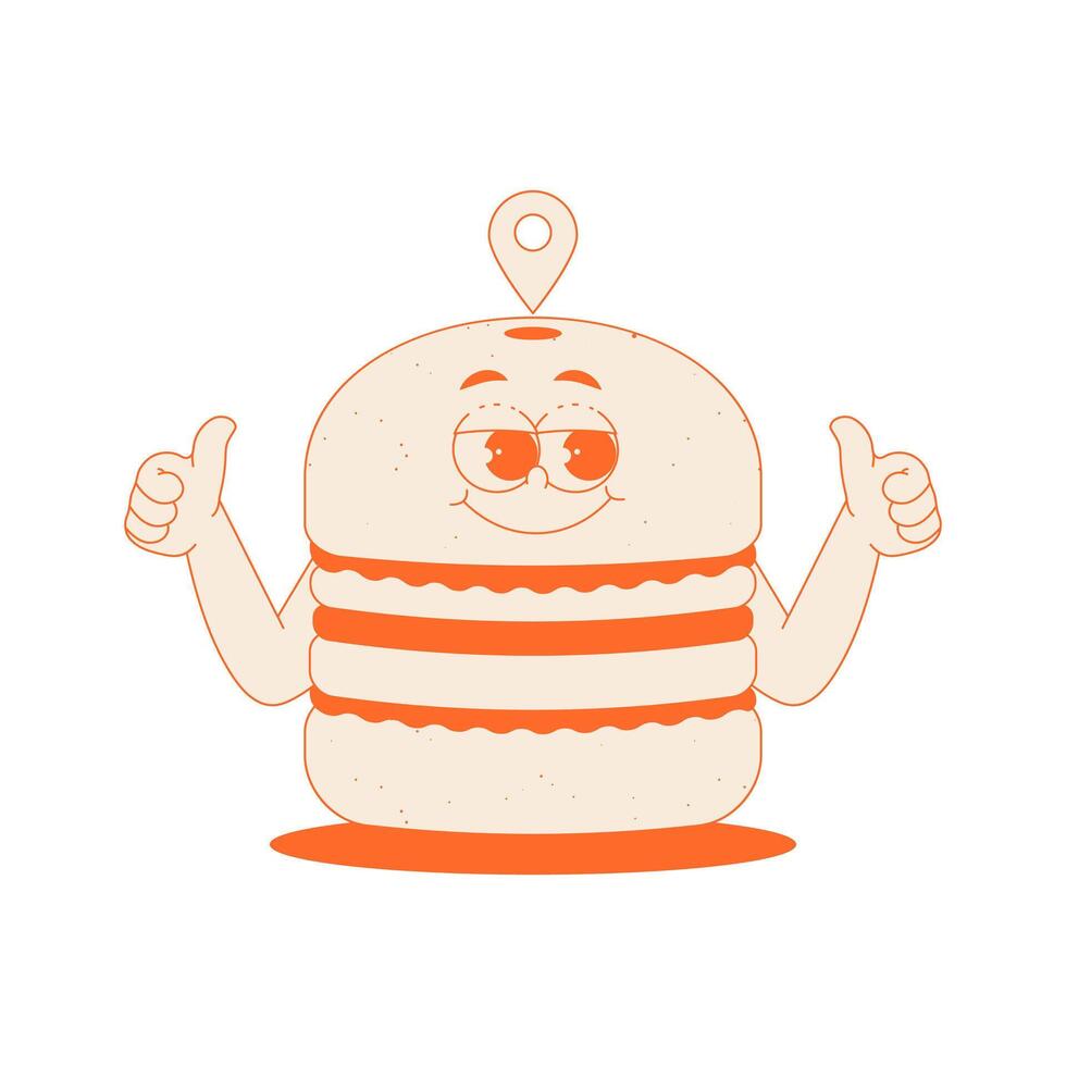 Funky burger character with location sign in trendy retro groovy style. Psychedelic fast food mascot with face and hands. Cool sticker in monochrome palette vector