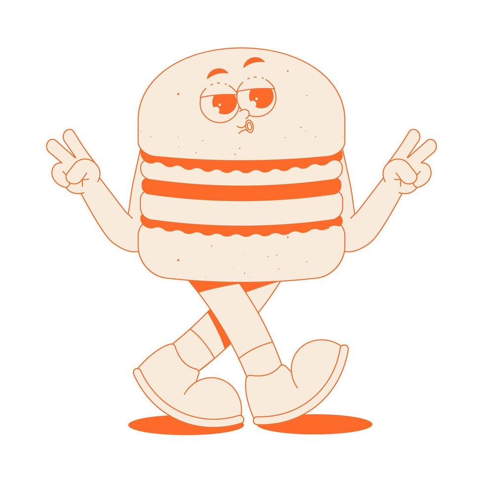 Funky burger character in trendy retro groovy style. Psychedelic walking fast food mascot with face, hands and legs. Cool sticker in monochrome palette vector