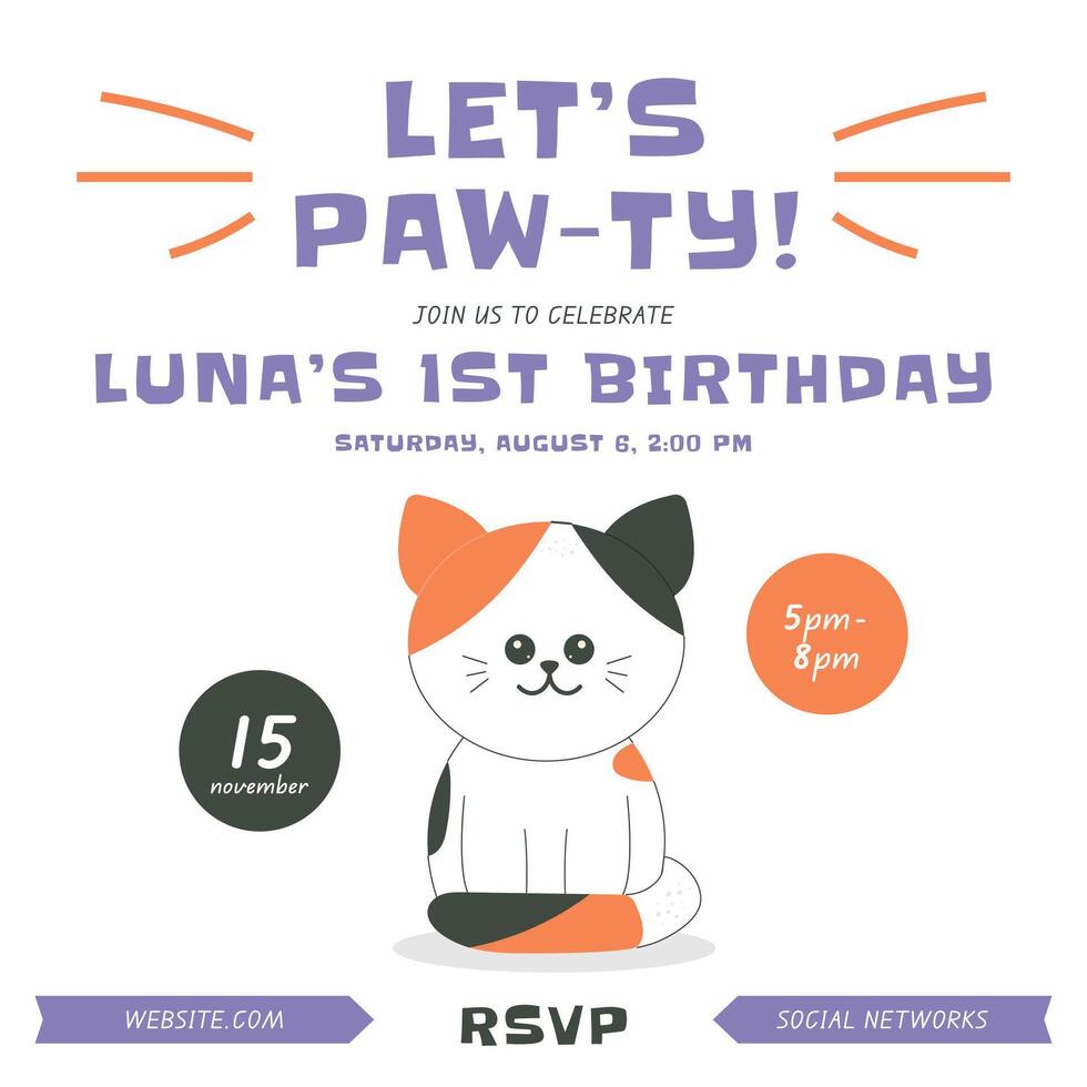 Greeting and invitation for kids first Birthday party. Cute baby cat in flat childrens style. Lets Pawty. illustration, design for card, poster, event, prints vector