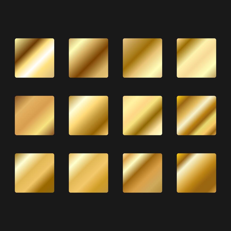 Golden metallic gradient set. Foil shape metal background. Glossy design for frames, banners, ribbons and labels. illustration vector