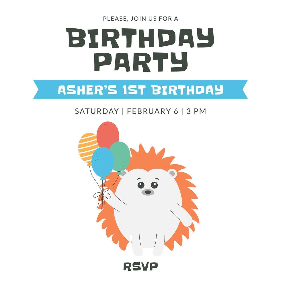 Greeting and invitation for kids first Birthday party. Cute baby animal hedgehog and balloons in flat childrens style. illustration, design for card, poster, event, prints vector