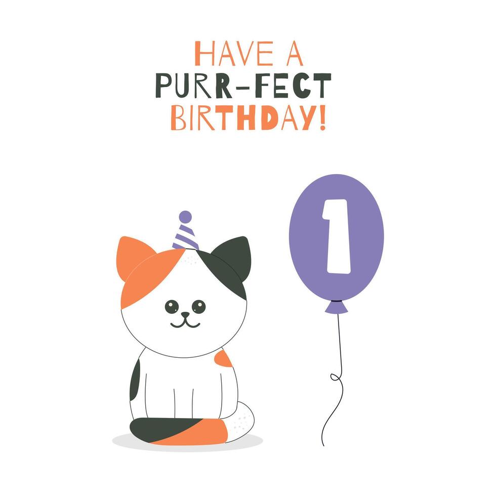 Greeting and invitation for kids first Happy Birthday. Cute baby cat and balloon one in flat childrens style. illustration, design for card, poster, event, prints vector