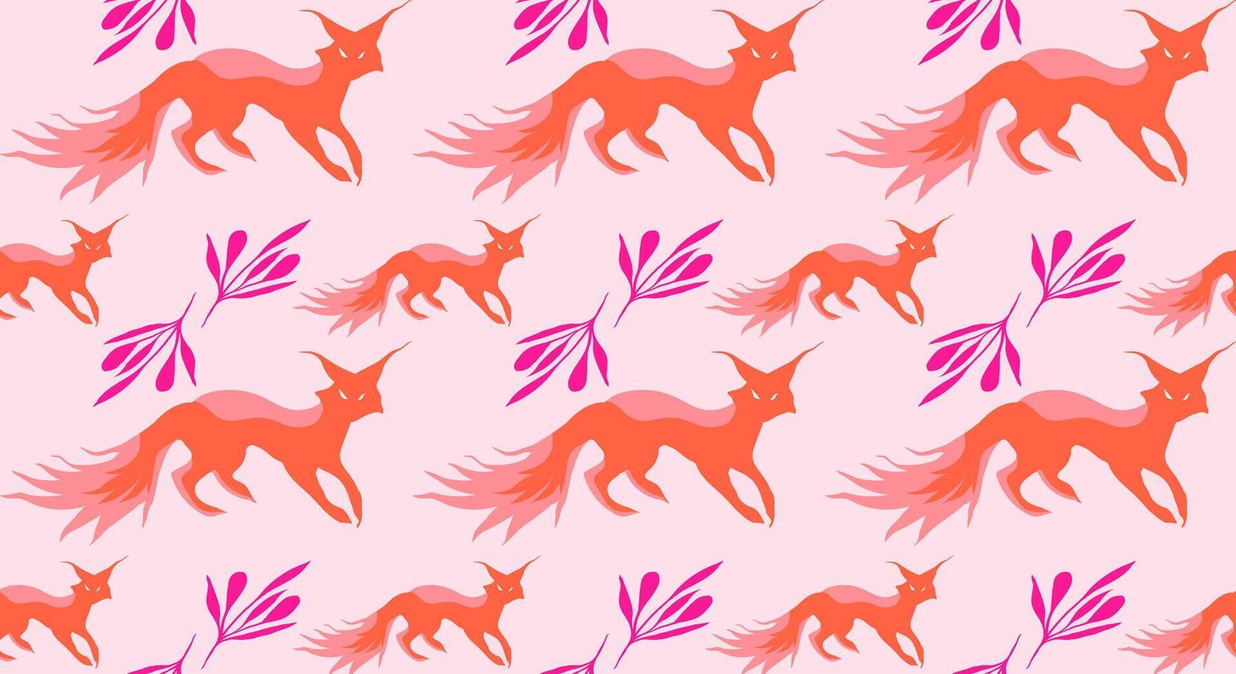Seamless pattern with hand drawn elements of foxes and forest plants. Floral textures for backgrounds, wallpapers, textiles and fashion. vector