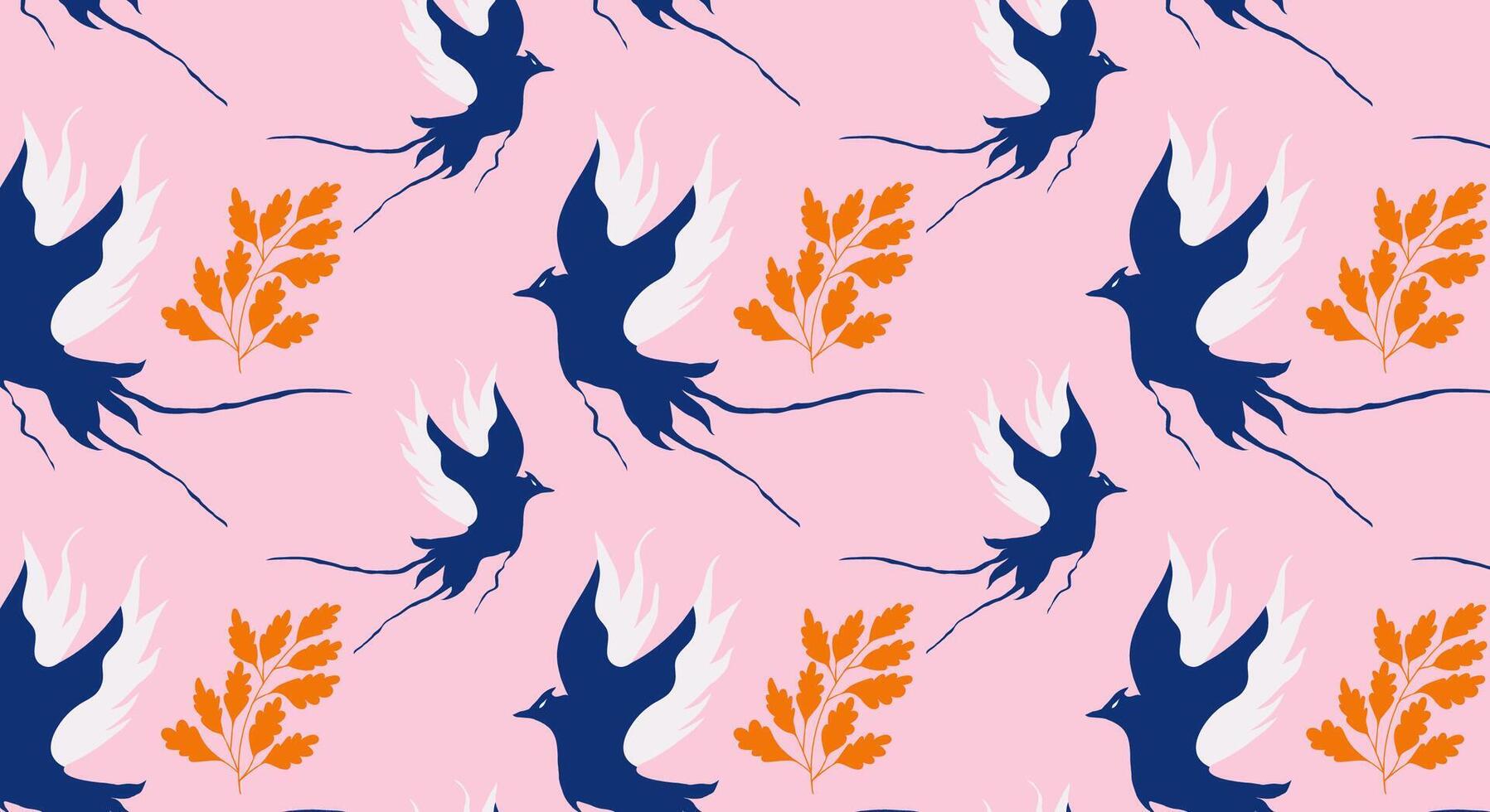 Seamless pattern minimalist style different flying birds. Floral textures for backgrounds, wallpapers, textiles and fashion. vector