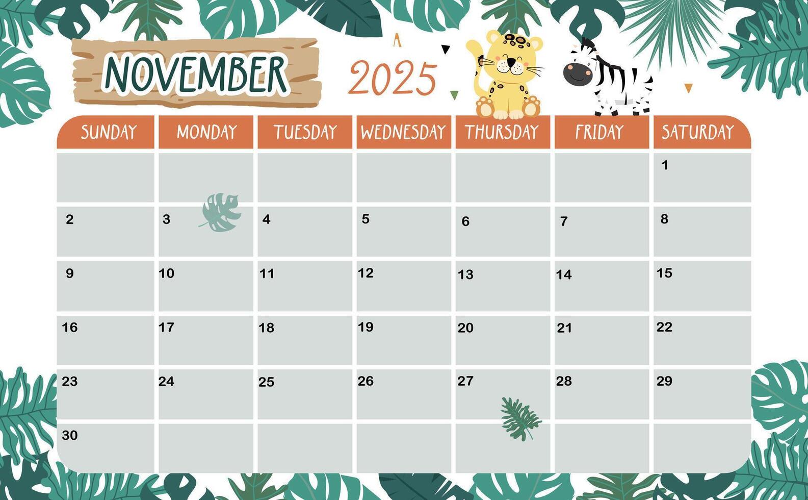 2025 November calendar week start on Sunday with safari style for horizonral printable design vector