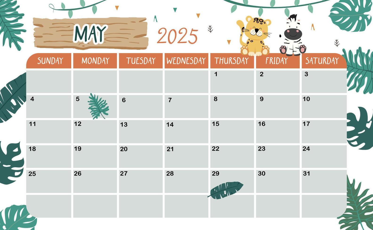 2025 May calendar week start on Sunday with safari style for horizonral printable design vector