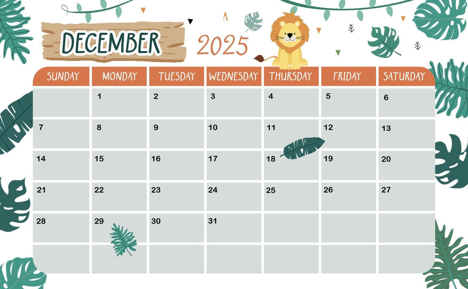 2025 December calendar week start on Sunday with safari style for horizonral printable design vector