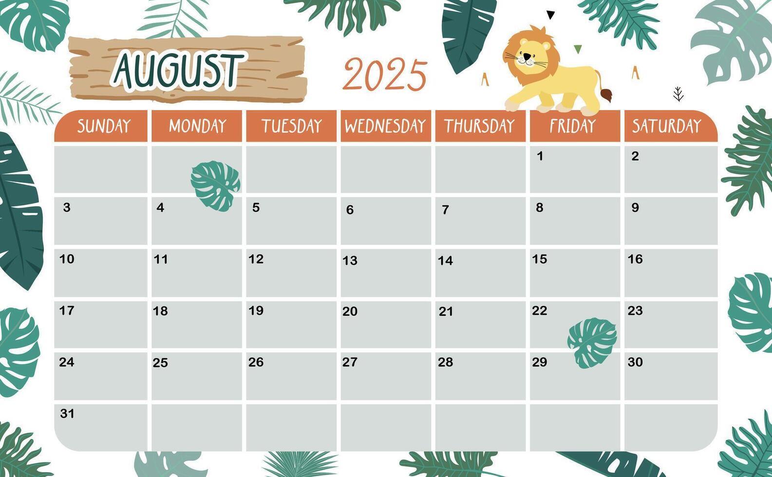 2025 August calendar week start on Sunday with safari style for horizonral printable design vector