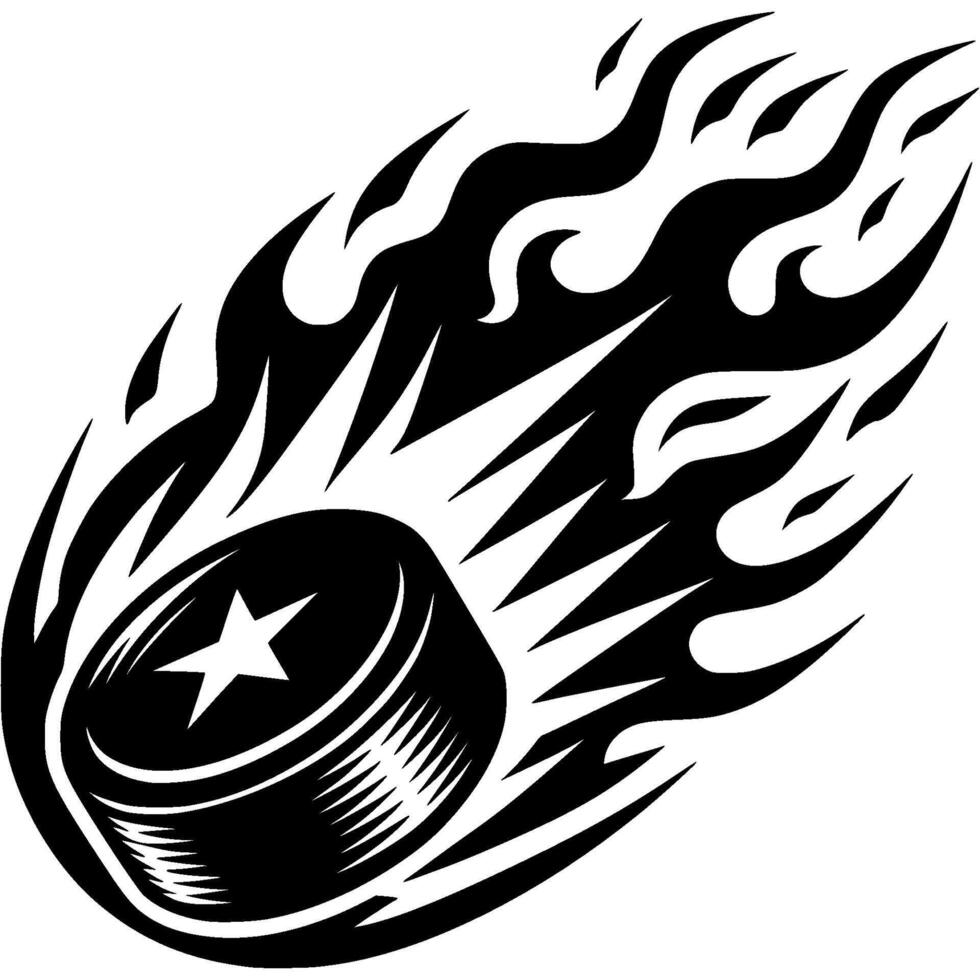 Winning hockey puck flies at great speed leaving fiery trail in monochrome. Simple minimalistic in black ink drawing on white background vector