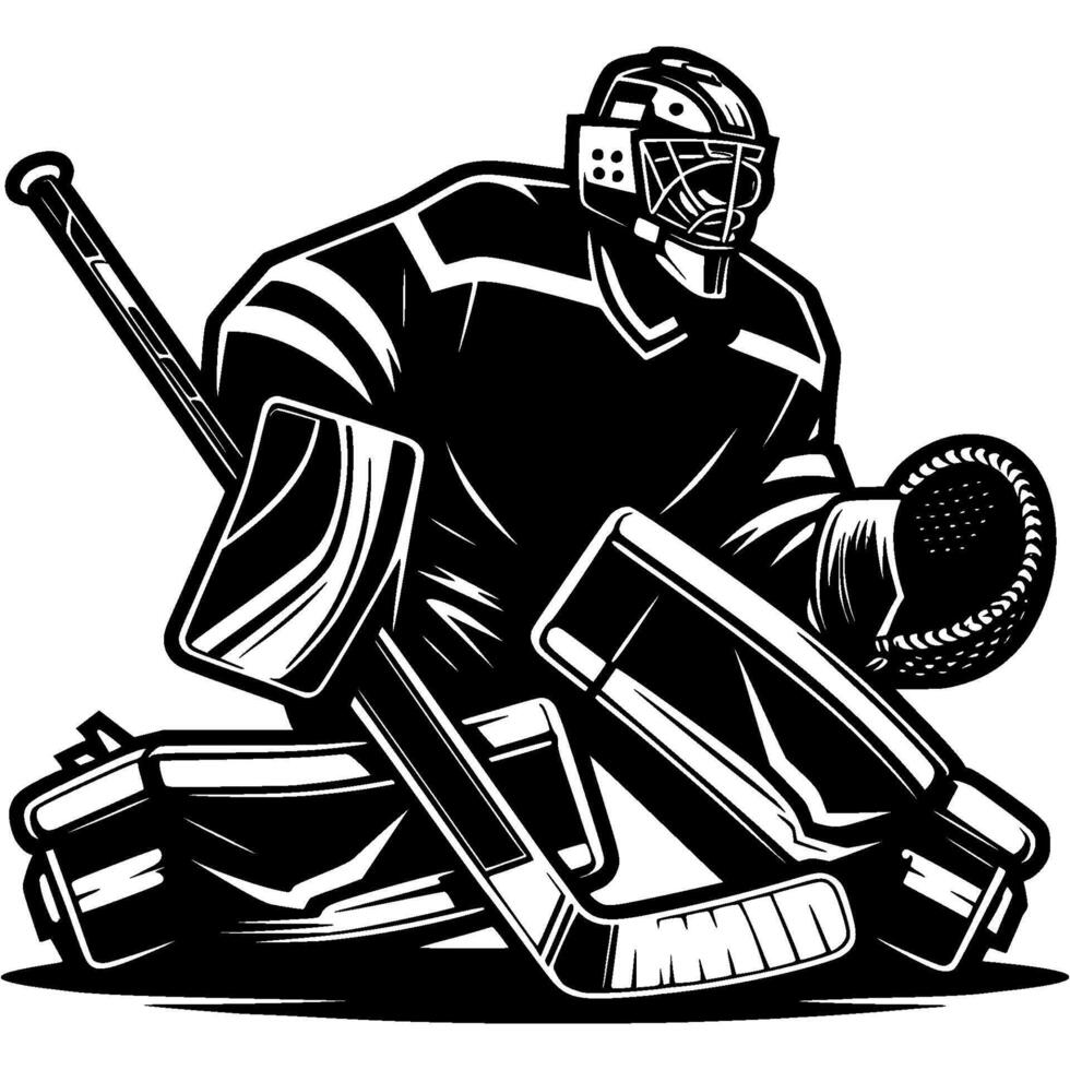 Hockey goalie deflects shot on goal in defensive motion in monochrome. Simple minimalistic in black ink drawing on white background vector