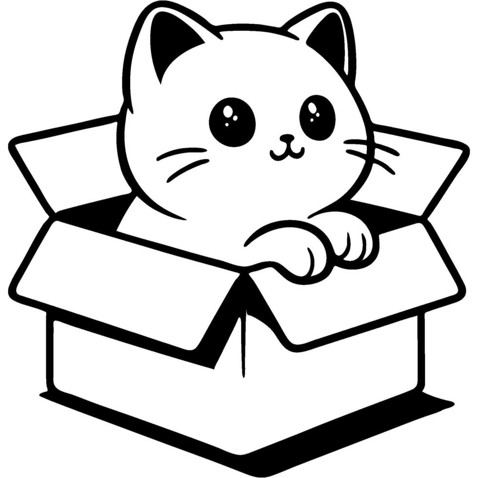 Small white kitten peeks out of a cardboard box in monochrome. Simple minimalistic in black ink drawing on white background vector