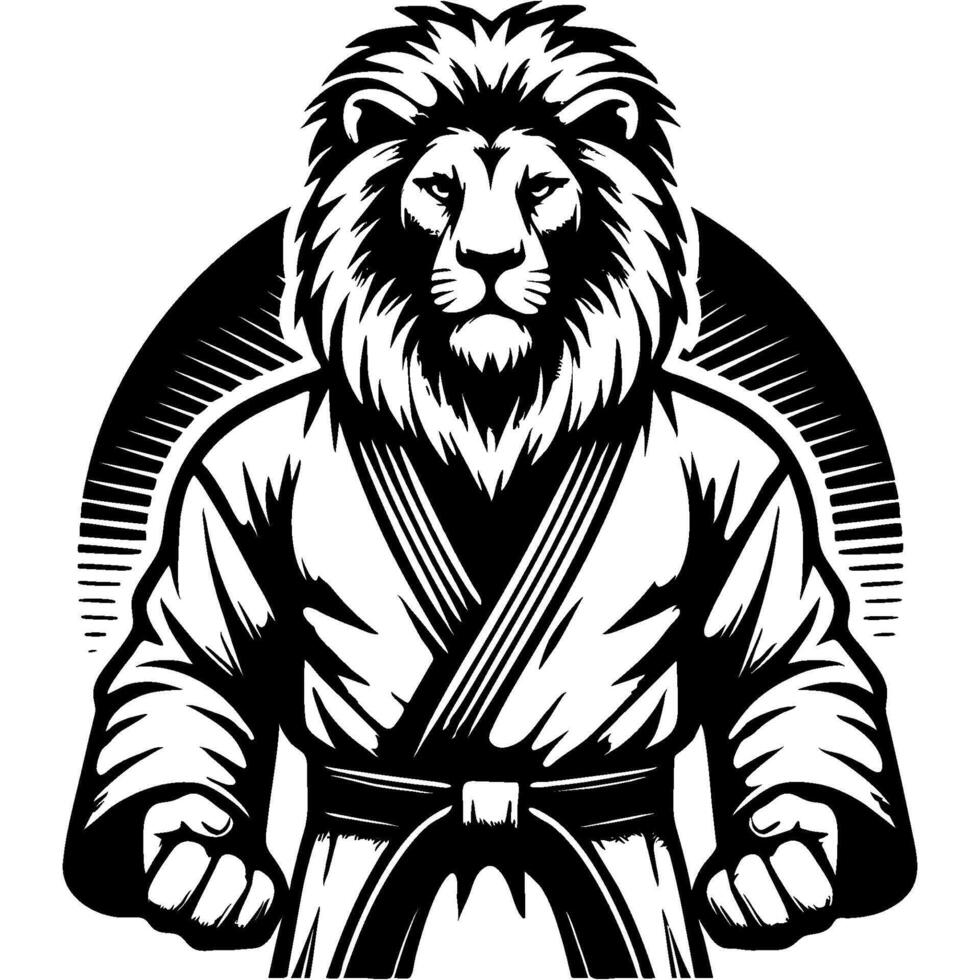 Karateka lion stands in fighting stance ready for tournament in monochrome. Wild leo animal looks confidence. Tattoo minimalistic in black ink drawing on white background vector