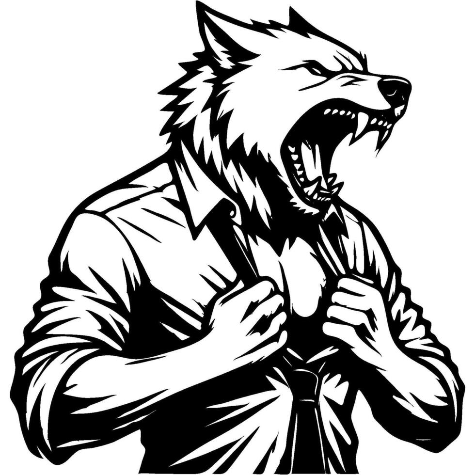 Boss wolf rips shirt at chest in rage in monochrome. Wild werewolf animal in human form roars in madness. Tattoo minimalistic in black ink drawing on white background vector