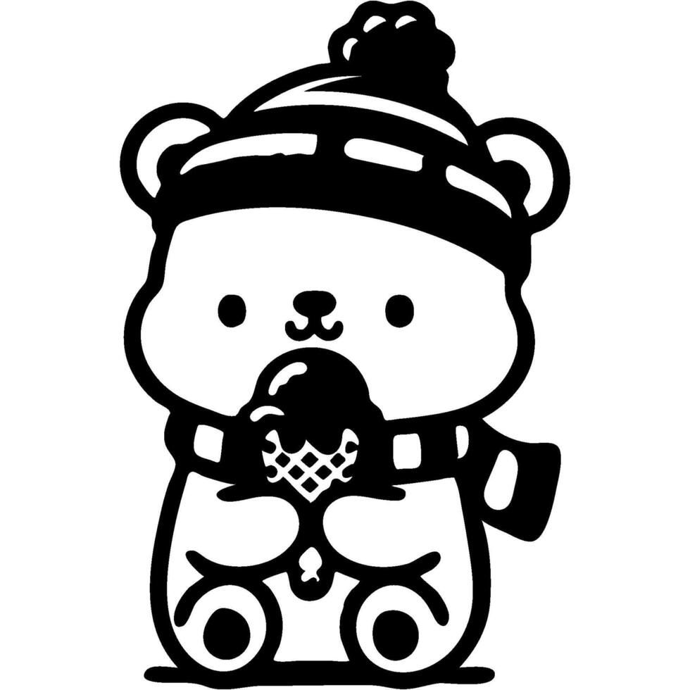 Polar bear in hat and scarf eats delicious ice cream in monochrome. Simple minimalistic in black ink drawing on white background vector
