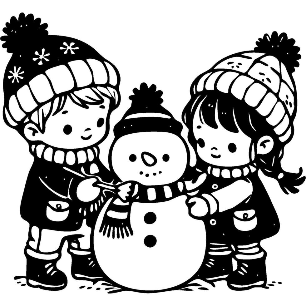 Brother and sister make a snowman play outside in monochrome. Simple minimalistic in black ink drawing on white background vector