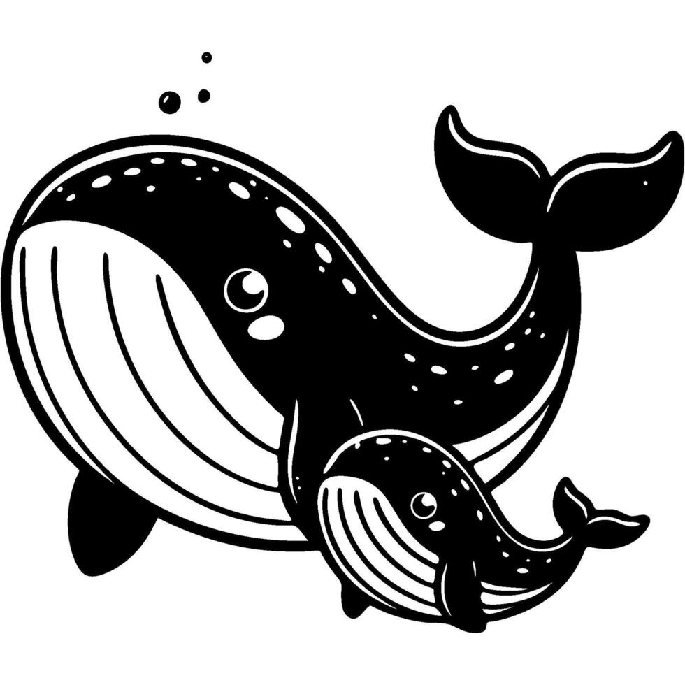 Friendly family of whales swims nearby in monochrome. Simple minimalistic in black ink drawing on white background vector