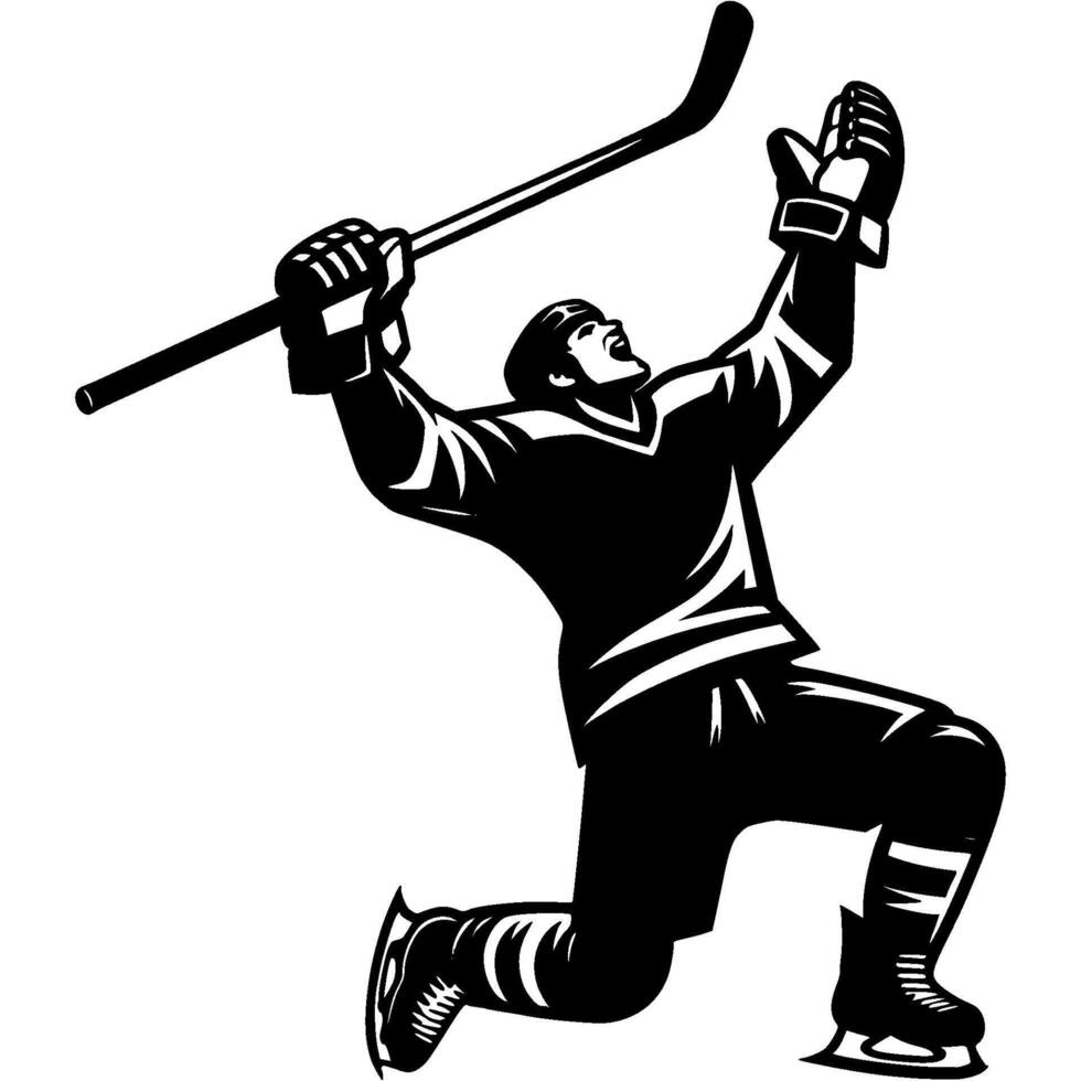Hockey player celebrates goal scored against his opponents with loud victory cry in monochrome. Simple minimalistic in black ink drawing on white background vector