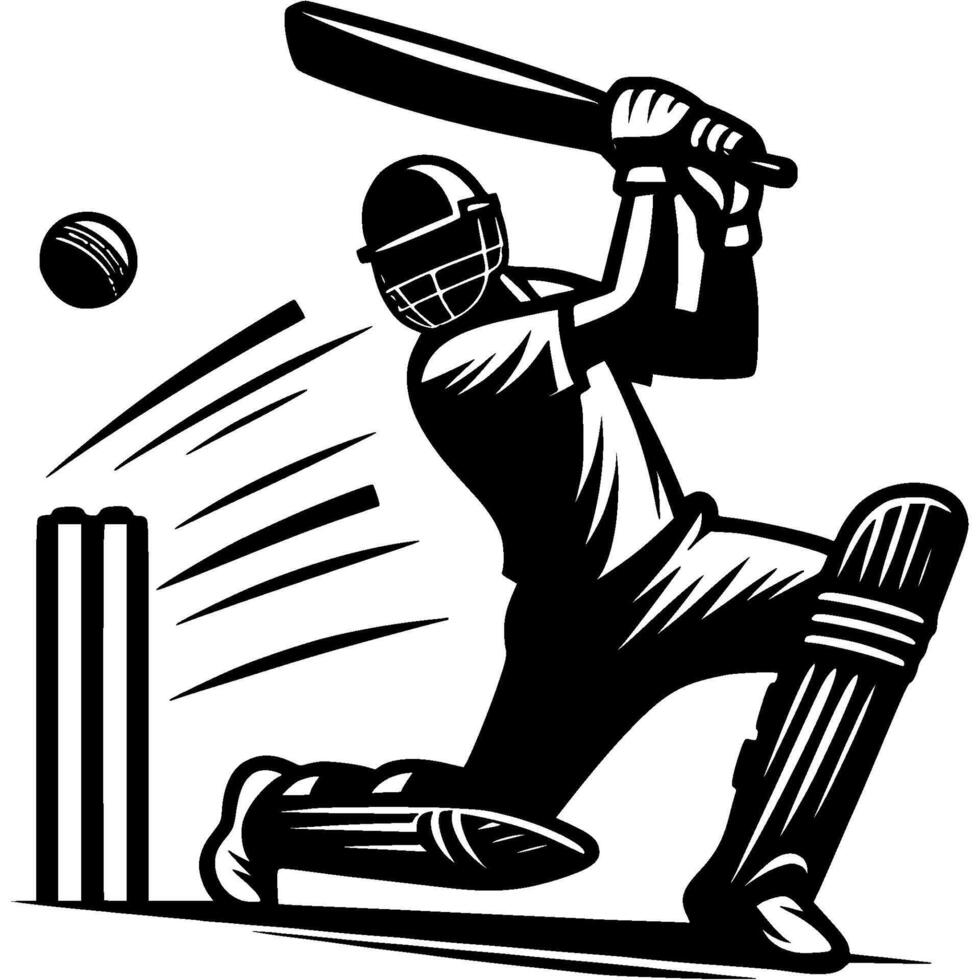 Cricket player in protective gear and helmet hits flying ball with wooden batin monochrome. Simple minimalistic in black ink drawing on white background vector