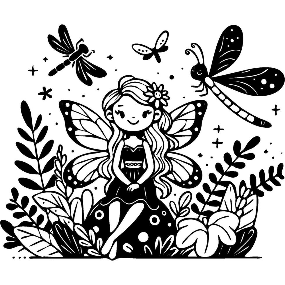 Fairy girl with wings sits in forest clearing surrounded fluttering dragonflies in monochrome. Love and protection of nature. Simple minimalistic in black ink drawing on white background vector