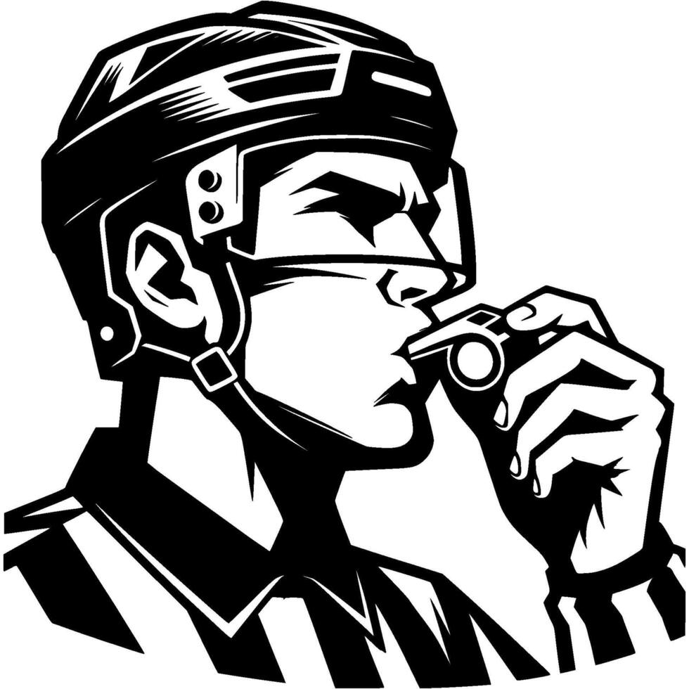 Hockey referee close up blowing whistle for foul in monochrome. Simple minimalistic in black ink drawing on white background vector