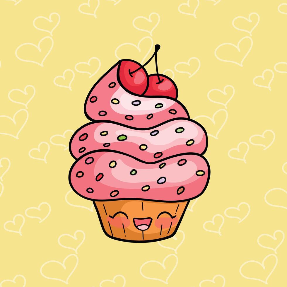 Charming cartoon cupcake with a smiling face, vibrant pink frosting, colorful sprinkles, and cherries, set against a cheerful yellow backdrop with heart patterns vector