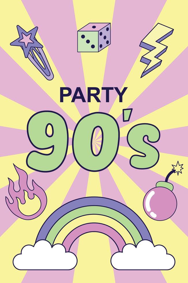 Vintage Poster Party 90s. Multicolored elements on a striped background. Retro illustration with outline in 90s style. illustration. vector