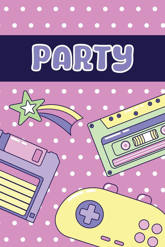 Vintage Poster Party 90s. Computer games and music. Retro illustration with outline in 90s style. illustration. vector
