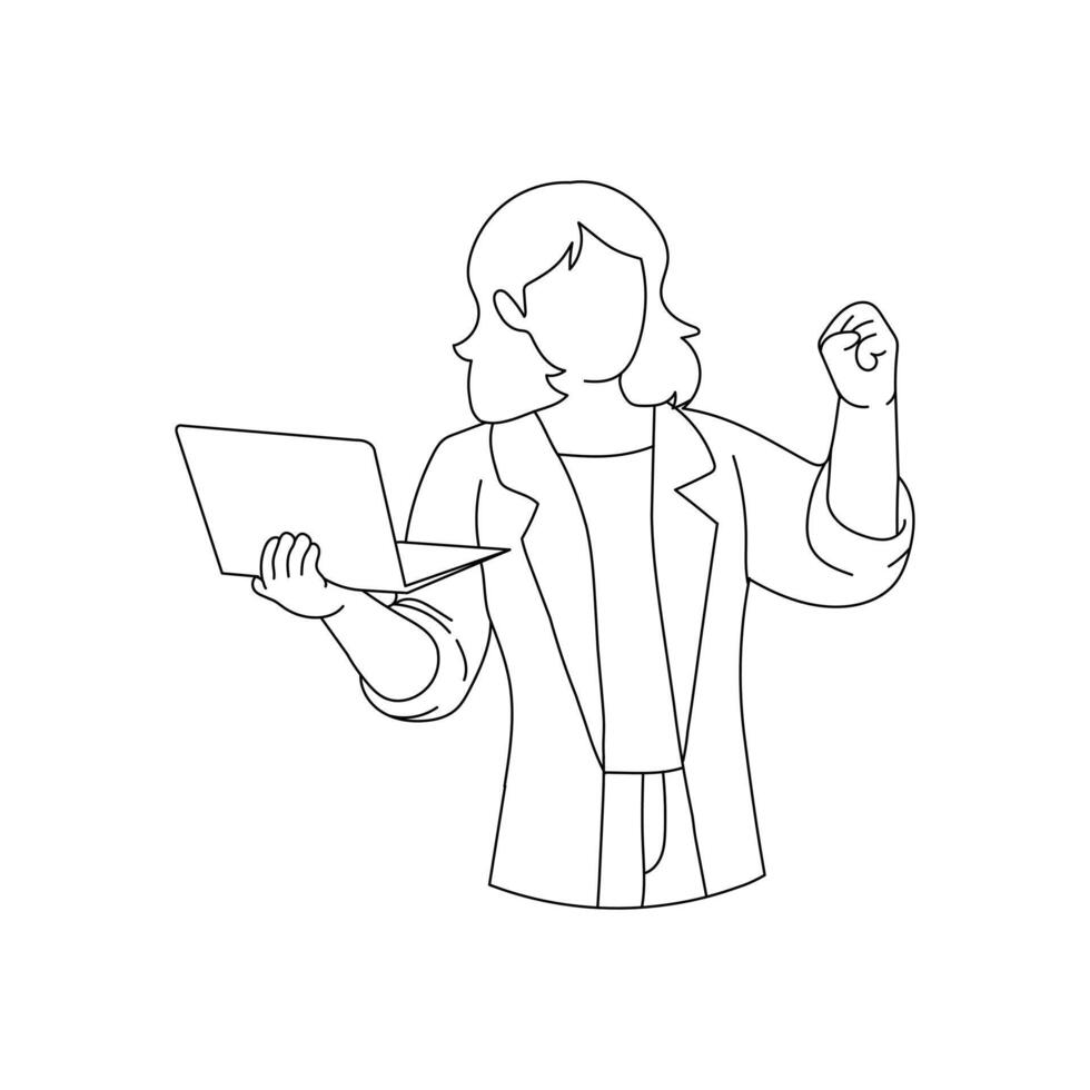 Young happy smiling business woman holding a laptop and working on the internet vector