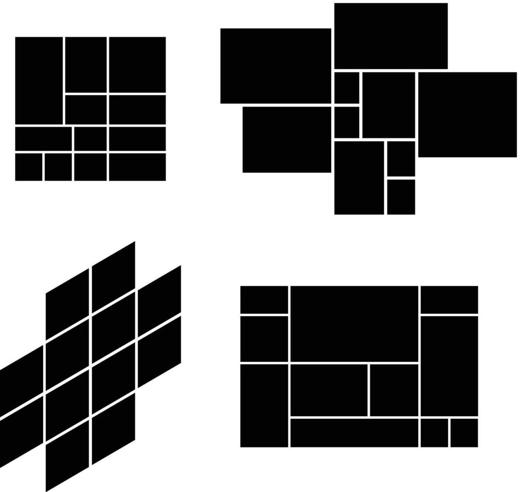 Set of 4 empty photo collage. Grid and mosaic mood board pattern presentation. Rectangle for wall display. vector