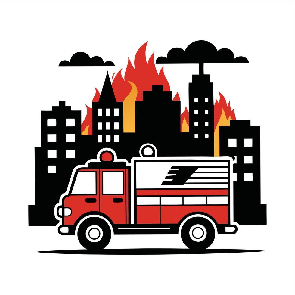 Brave Firefighter with Fire Engine ClipArt vector