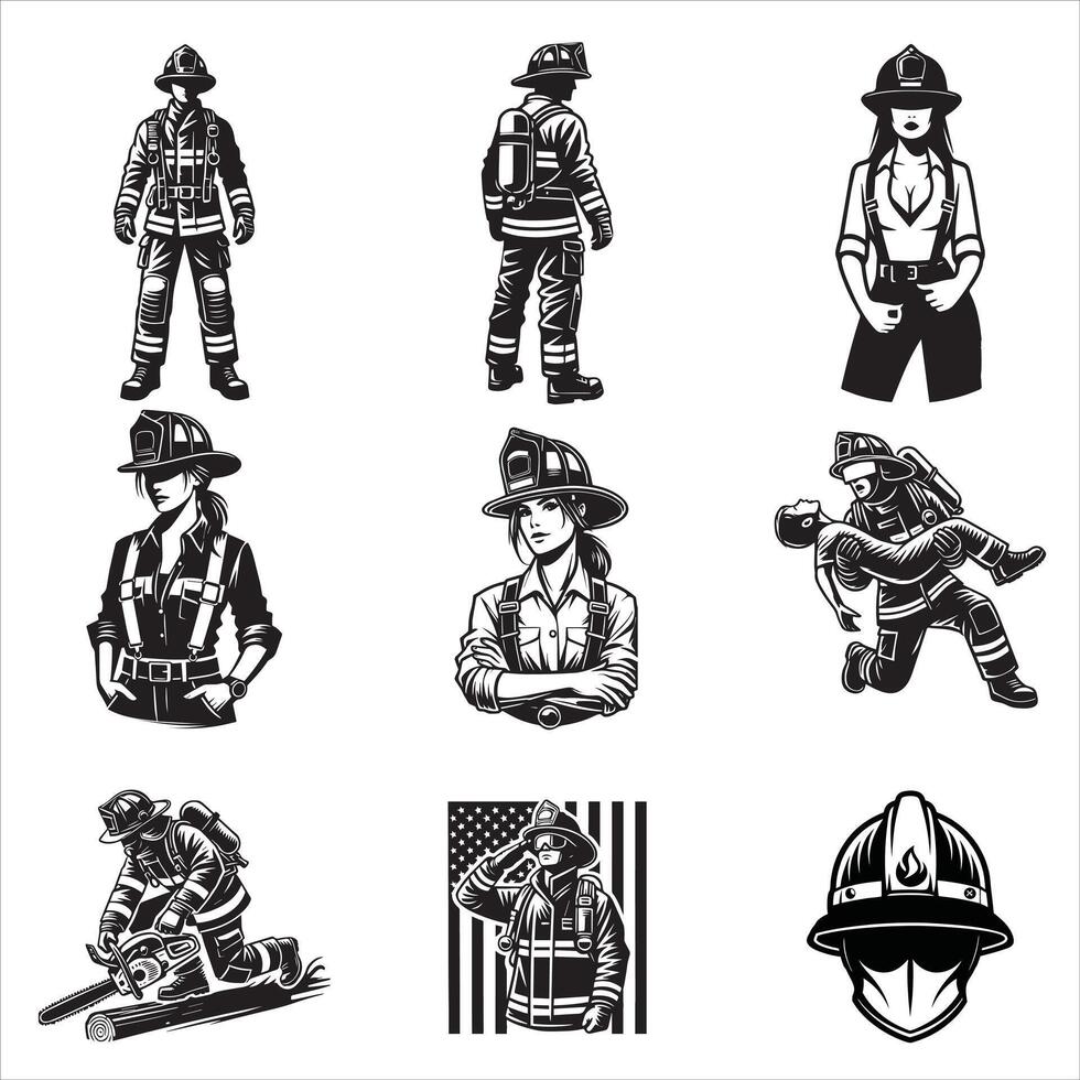 Firefighter ClipArt silhouettes Design Bundle, Fireman illustration vector