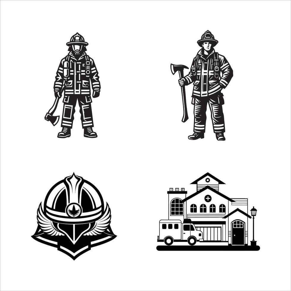 Set of Firefighter ClipArt silhouettes Design, Fireman illustration vector