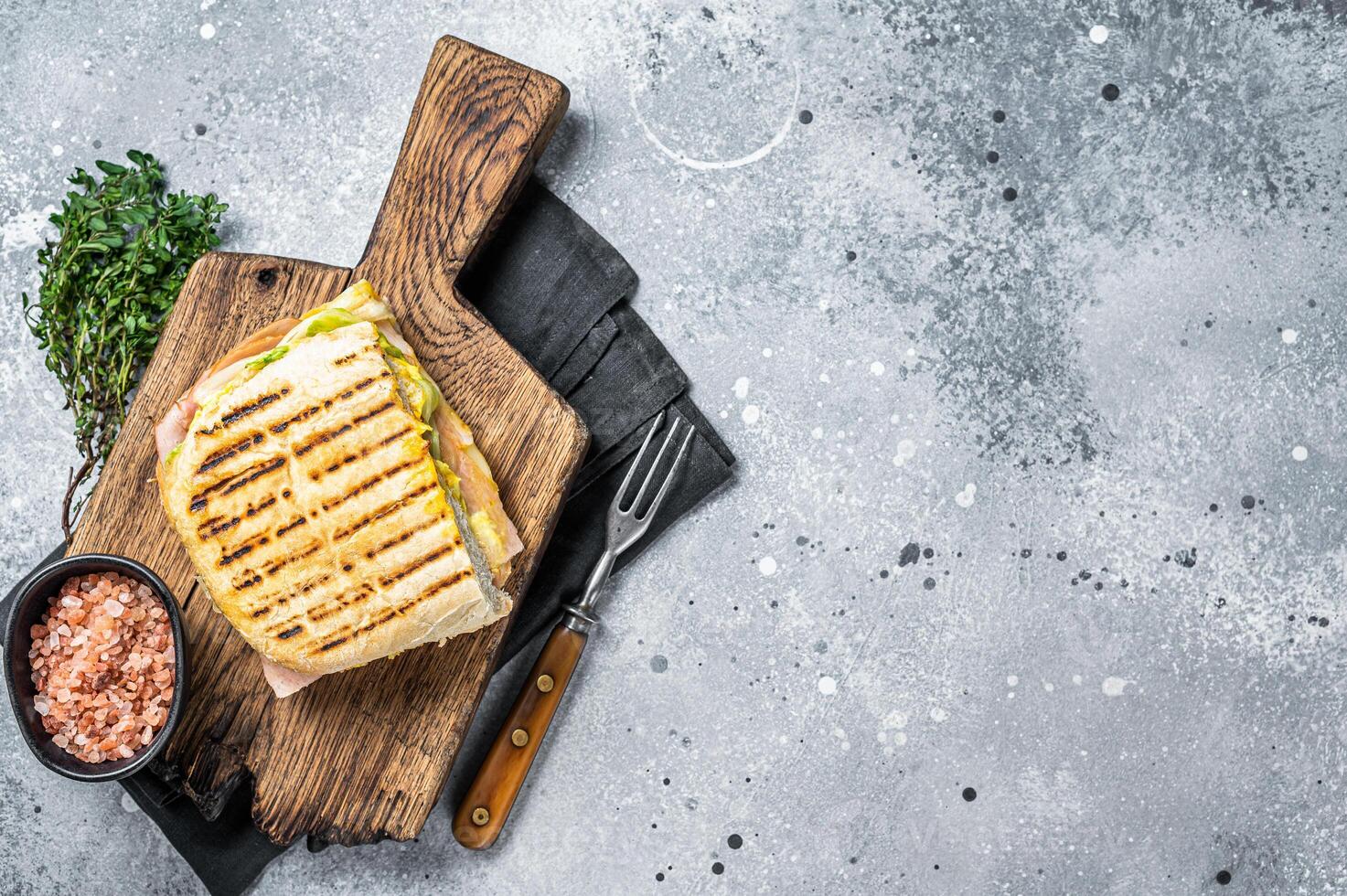 Toasted Panini sandwich with Prosciutto ham and cheese. Gray background. top view. copy space photo