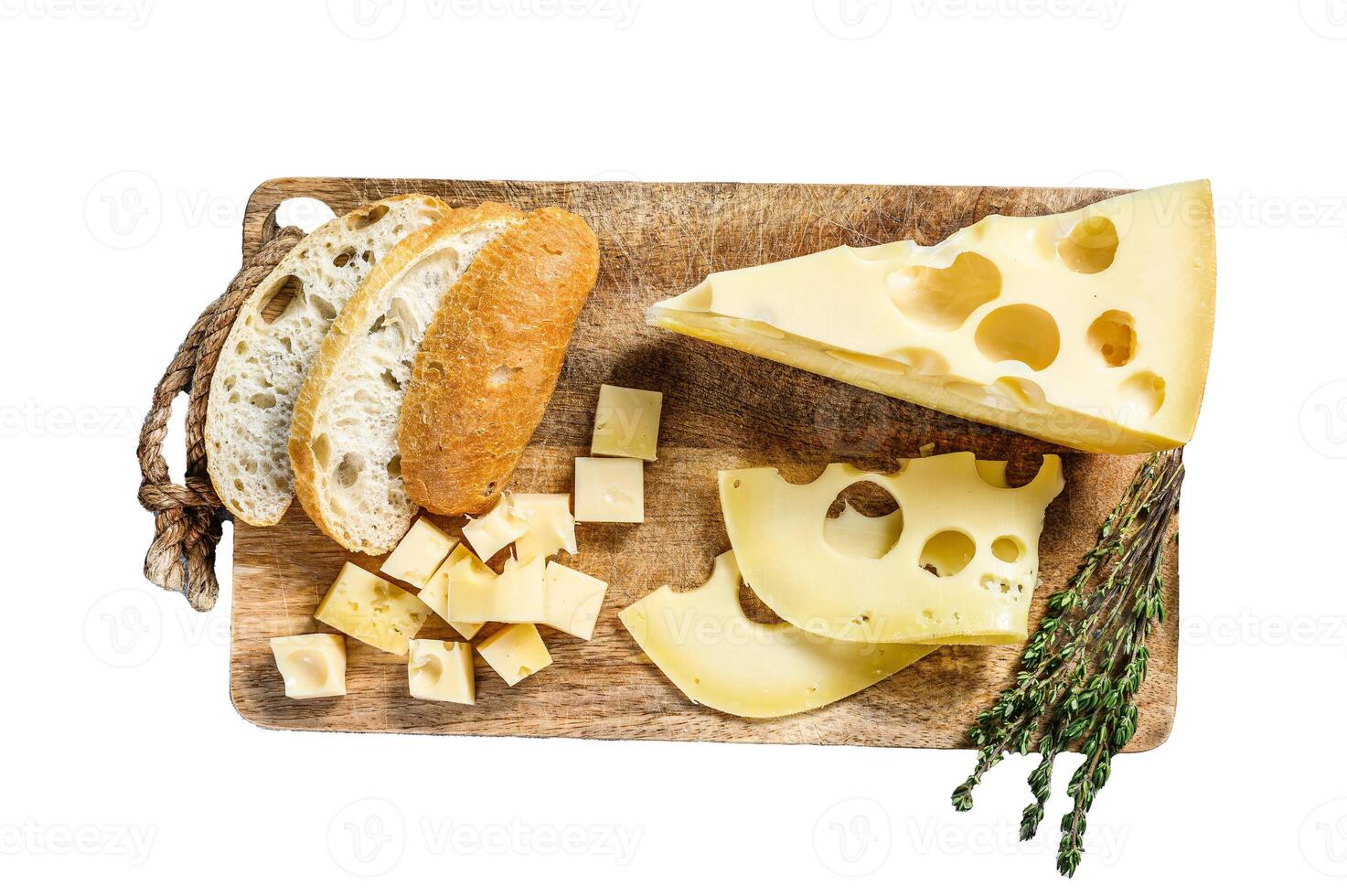 Yellow cheese with holes, dairy products. Isolated on white background. Top view. photo