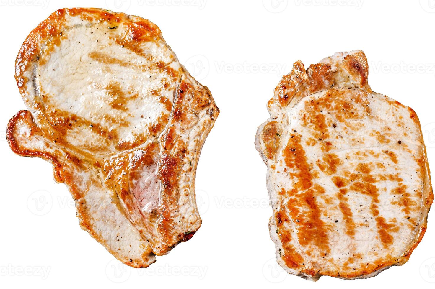 Grilled pork cutlets in a pan. Organic meat steak. Isolated on white background. Top view. photo