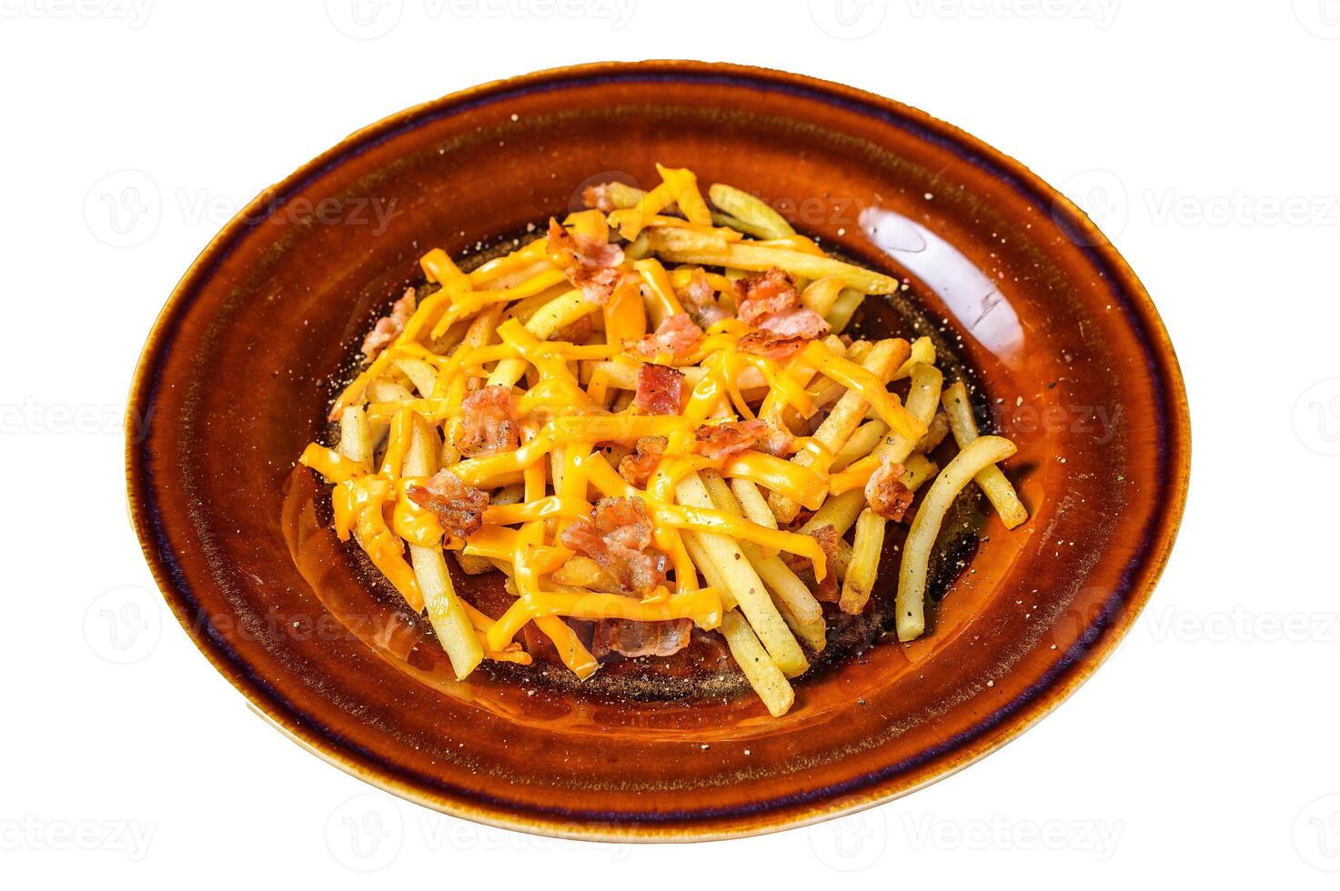 French fries with melted cheddar cheese and bacon served in a rustic plate. Isolated on white background. photo